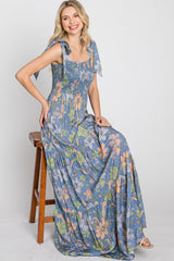 Blue Floral Smocked Shoulder Tie Maxi Dress