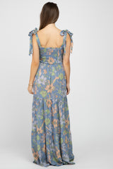 Blue Floral Smocked Shoulder Tie Maternity Maxi Dress