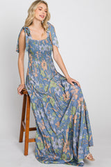 Blue Floral Smocked Shoulder Tie Maxi Dress