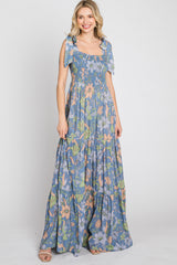 Blue Floral Smocked Shoulder Tie Maxi Dress