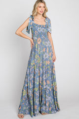 Blue Floral Smocked Shoulder Tie Maxi Dress