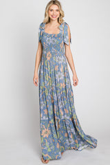 Blue Floral Smocked Shoulder Tie Maxi Dress