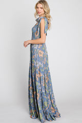 Blue Floral Smocked Shoulder Tie Maxi Dress