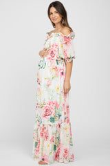 Ivory Floral Chiffon Off Shoulder Maternity Maxi Dress