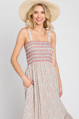 Pink Multi-Color Floral Smocked Sleeveless Midi Dress