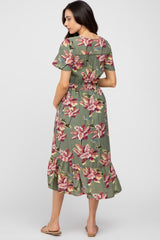 Olive Floral Button Maternity Midi Dress