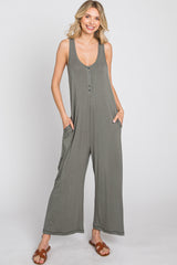 Olive Sleeveless Button Front Cropped Jumpsuit