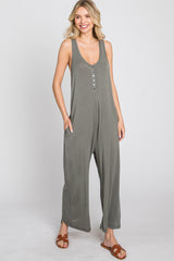 Olive Sleeveless Button Front Cropped Jumpsuit