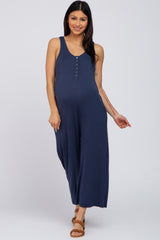 Navy Blue Sleeveless Button Front Cropped Maternity Jumpsuit