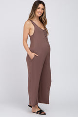 Mocha Sleeveless Button Front Cropped Maternity Jumpsuit