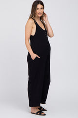 Black Sleeveless Button Front Cropped Maternity Jumpsuit