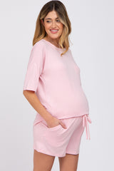 Pink Pocket Front Maternity Pajama Short Set