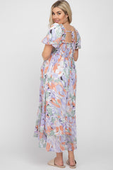 Lavender Watercolor Floral Smocked Maternity Midi Dress