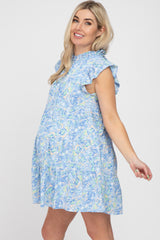 Blue Ruffle Mock Neck Maternity Mini Dress