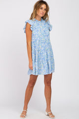 Blue Ruffle Mock Neck Mini Dress