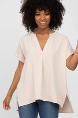 Beige V-Neck Rolled Cuff Blouse