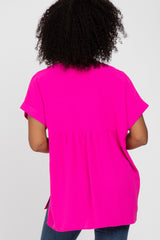 Fuchsia V-Neck Rolled Cuff Blouse