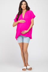 Fuchsia V-Neck Rolled Cuff Maternity Blouse