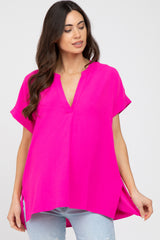 Fuchsia V-Neck Rolled Cuff Maternity Blouse