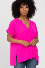 Fuchsia V-Neck Rolled Cuff Maternity Blouse