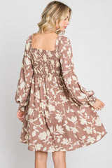 Taupe Floral Smocked Off Shoulder Dress