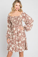 Taupe Floral Smocked Off Shoulder Dress