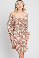 Taupe Floral Smocked Off Shoulder Dress