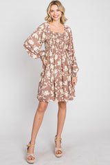 Taupe Floral Smocked Off Shoulder Dress