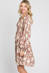 Taupe Floral Smocked Off Shoulder Dress