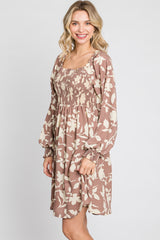 Taupe Floral Smocked Off Shoulder Dress