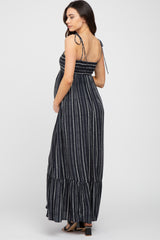 Black Printed Tie Strap Maternity Maxi Dress