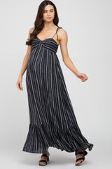 Black Printed Tie Strap Maternity Maxi Dress