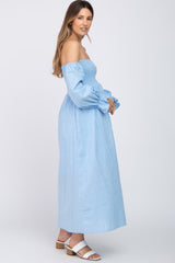 Light Blue Linen Smocked Square Neck Short Puff Sleeve Maternity Midi Dress