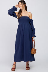 Navy Blue Linen Smocked Square Neck Short Puff Sleeve Maternity Midi Dress