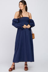 Navy Blue Linen Smocked Square Neck Short Puff Sleeve Maternity Midi Dress