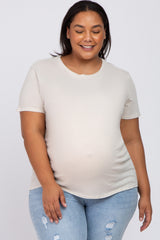 Beige Solid Short Sleeve Plus Maternity Top