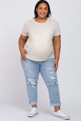 Beige Solid Short Sleeve Plus Maternity Top