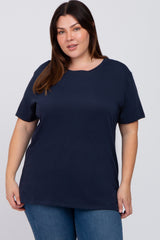 Navy Blue Solid Short Sleeve Plus Maternity Top