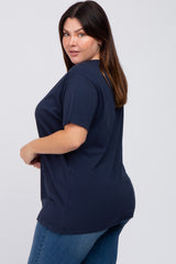 Navy Blue Solid Short Sleeve Plus Top