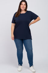 Navy Blue Solid Short Sleeve Plus Top