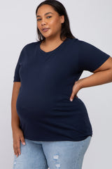 Navy Blue Solid Short Sleeve Plus Maternity Top