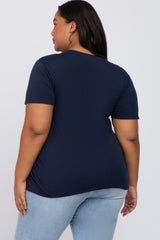 Navy Blue Solid Short Sleeve Plus Maternity Top