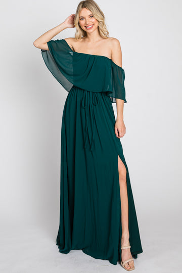 Emerald Green Chiffon Off Shoulder Maxi Dress