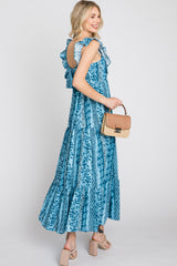 Blue Floral Paisley Print Ruffle Maxi Dress