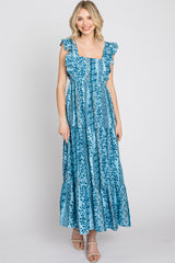 Blue Floral Paisley Print Ruffle Maxi Dress