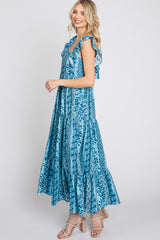 Blue Floral Paisley Print Ruffle Maxi Dress