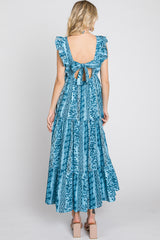 Blue Floral Paisley Print Ruffle Maxi Dress