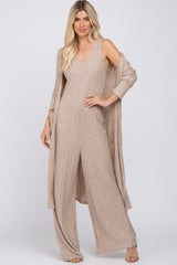 Mocha Ribbed Soft Knit Maternity Jumpsuit Set