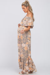 Multi-Colored Floral Ruffle Layered Off Shoulder Maternity Maxi Dress