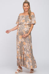 Multi-Colored Floral Ruffle Layered Off Shoulder Maternity Maxi Dress